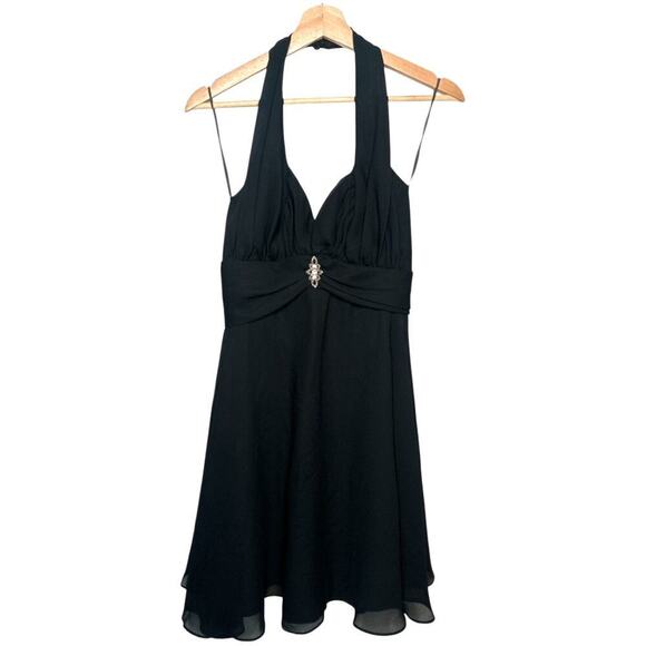 Celine Black Halter Plunge Neckline Embellishment Flowy Short Dress M Cocktail - Picture 1 of 5